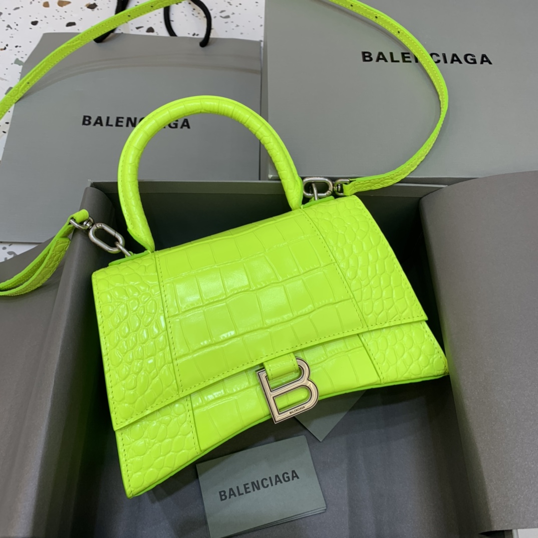 Balenciaga Hourglass Small Handbag Crocodile Embossed Shoulder Bag Lemon Yellow